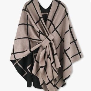 Moss Rose Womens One Size Reversible Ruana Poncho Taupe Beige Black Windowpane